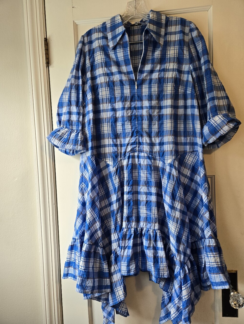 GANNI Blue Plaid Asymetrical Dress